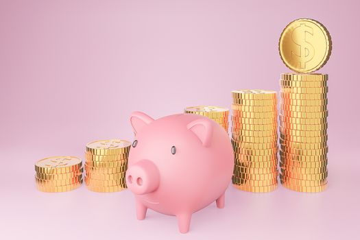Piggy bank and golden coin stack on pink background., Money saving and investment concept and saving ideas and financial growth.3d model and illustration.