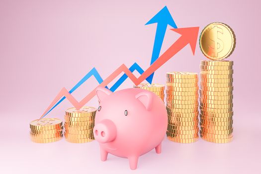 Piggy bank and golden coin stack and finance graph chart on pink background., Money saving and investment concept and saving ideas and financial growth.3d model and illustration.