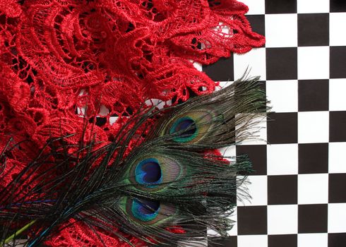 Red Lace and Peacock Feathers on Black and White Checkerboard background