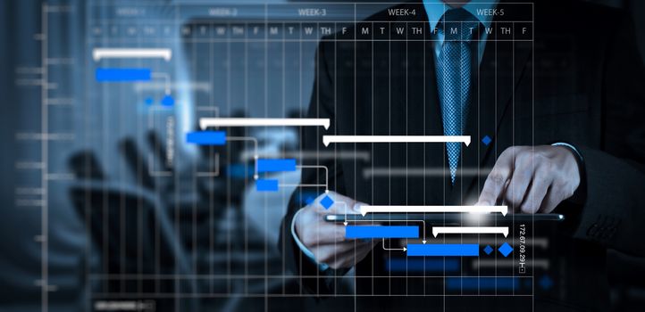 Project manager working and update tasks with milestones progress planning and Gantt chart scheduling diagram.Businessman hand working with a digital tablet on meeting room background.