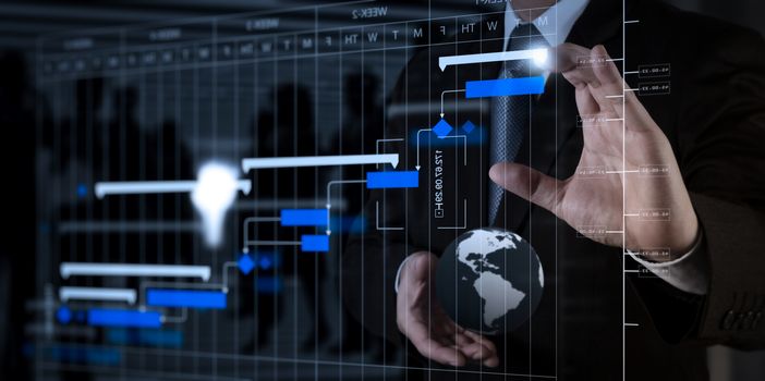 Project manager working and update tasks with milestones progress planning and Gantt chart scheduling diagram.Businessman hand working with a digital tablet on meeting room background.