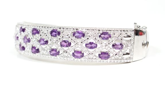 Sterling Silver and Amethyst Bangle Bracelet on White Background
