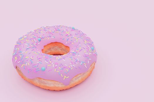 Tasty pink glazed donut with colorful sprinkles on pink pastel colors background.3d model and illustration.