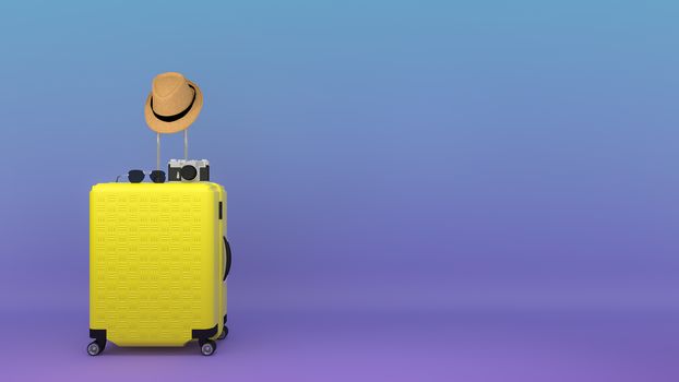Yellow suitcase with sun hat and glasses, camera on pastel background., travel concept.,3d illustration.