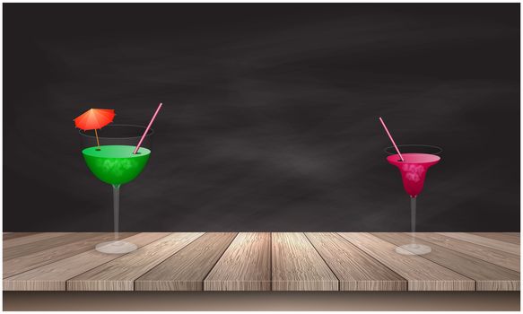 different mocktail glasses on wooden tables