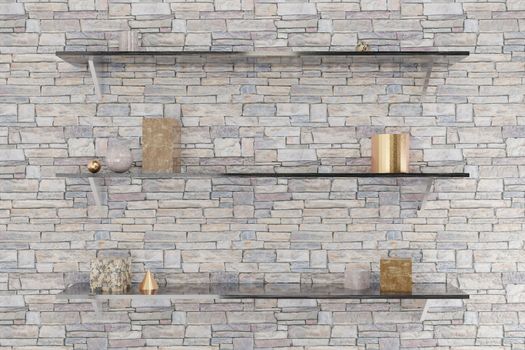 Three black shelves on the brick wall with golden and marble geometric objects for product presentation. 3d rendered abstract background.