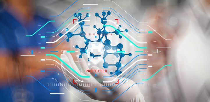 Health protection. Medical and health care concept.scientist doctor hand holds virtual molecular structure in the lab as concept