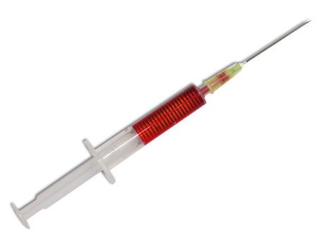 A 2ml syringe with red medicine an a yellow needle ready for injection