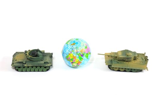 Toys Tank plastic as World War on white background, War, fight army soldier tank Sample picture or War scenario concept