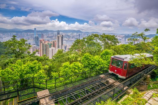 Victoria Peak Tram and Hong Kong city skyline in China summer