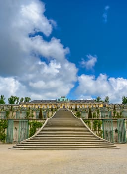 An exterior view of the Sanssouci Palace located in Sanssouci park in Potsdam, Germany.