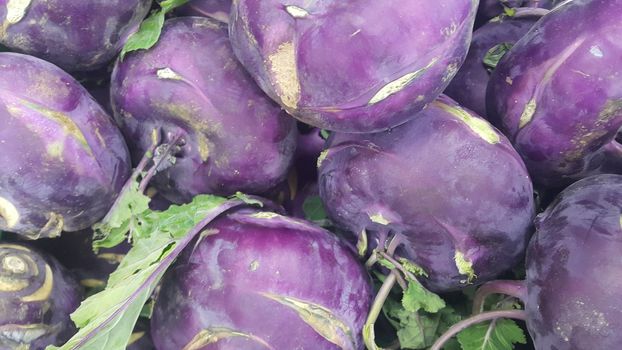 Fruits background: Purple fresh kohlrabi turnip in supermarket for sale