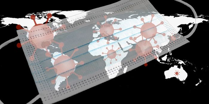 Illutration of a world map showing corona virus hotspots in the USA, Brazil, India, Europe and russia with a medical protection mask