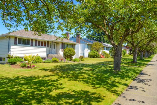 Average residential house in perfect neighbourhood on sunny day. Family house with big green lawn and trees in front on blue sky background