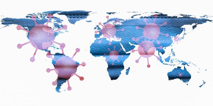 Illutration of a world map showing corona virus hotspots in the USA, Brazil, India, Europe and russia with a medical protection mask