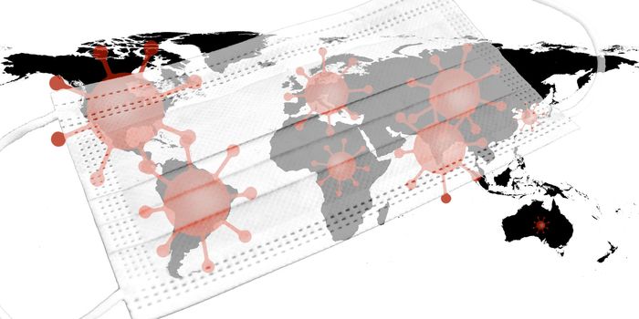 Illutration of a world map showing corona virus hotspots in the USA, Brazil, India, Europe and russia with a medical protection mask