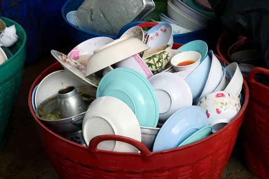 many pile dish dirty, pile plate of food is waste trash in basket plastic dirty, pile empty and dirty dish after eating food, plate dirt