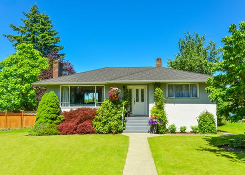 Average North American family house on a sunny day. Family house with looking through windows in the living room