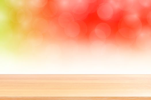 empty wood table floors on blurred bokeh soft red white gradient background, wooden plank empty on red bokeh colorful light shade, colorful bokeh lights gradient soft for banner advertising products