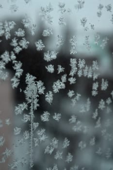 Abstract texture, pattern frost on the window, view macro. Shallow dof
