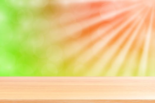 empty wood table floors on soft green bokeh lights beam shine gradient background, wooden plank empty on green bokeh colorful light shine, colorful bokeh lights gradient soft for banner advertising