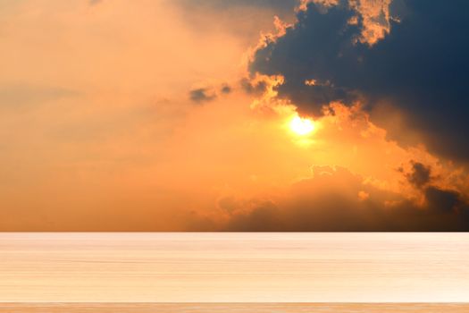 wood plank on sunset background, wood table board empty on orange sky sun sets over cloud dark, wood table board empty on gold sky sun lighten clouds evening sunset