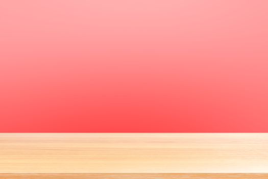 empty wood table floors on gradient red soft background, wood table board empty front colorful gradient red, wooden plank blank on light red gradient for display products or banner advertising
