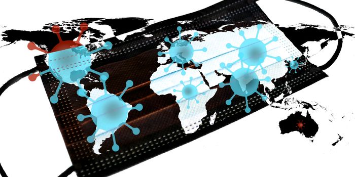 Illutration of a world map showing corona virus hotspots in the USA, Brazil, India, Europe and russia with a medical protection mask