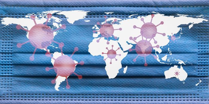 Illutration of a world map showing corona virus hotspots in the USA, Brazil, India, Europe and russia with a medical protection mask