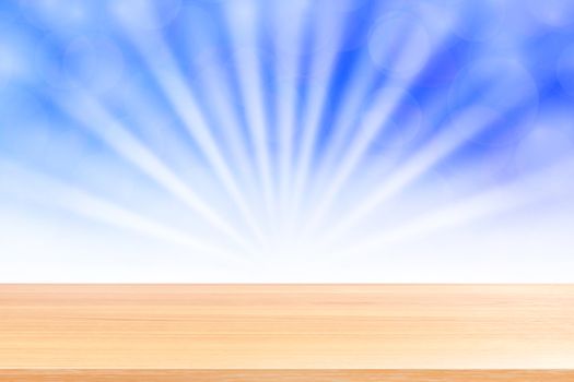 empty wood table floors on soft blue bokeh lights beam shine gradient background, wooden plank empty on blue bokeh colorful light shine, colorful bokeh lights gradient soft for banner advertising