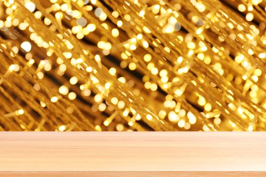 wood plank on bokeh golden yellow colorful background, empty wood table floors on bokeh glitter light gold luxury, wood table board empty front glittering gold, wooden on bokeh lighting shine gold