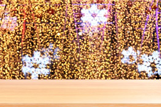 wood plank on bokeh golden yellow colorful christmas background, empty wood table floors on bokeh glitter light gold luxury, wood table board empty front glittering gold, wood on bokeh lighting shine