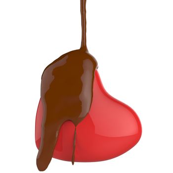 close up chocolate syrup leaking over heart shape symbol on white background