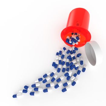 3d Pills spilling out of pill bottle on white