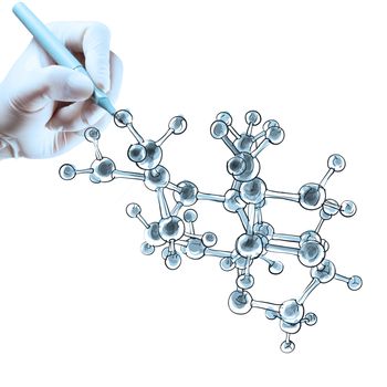 scientist doctor hand draws virtual molecular structure in the lab