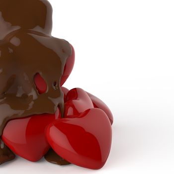 close up chocolate syrup leaking over heart shape symbol on white background