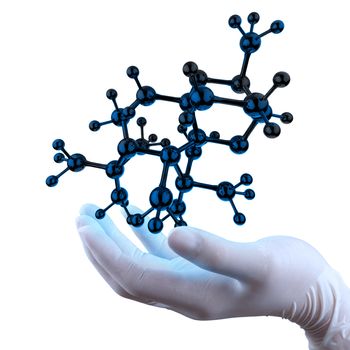 scientist doctor hand holds virtual molecular structure in the lab