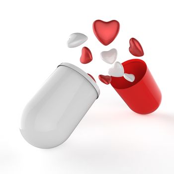 3d multiple hearts inside capsule pill as concept