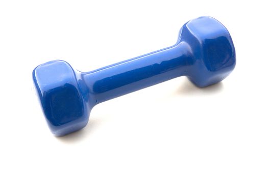 Blue Dumbell on white background. Exercising Equipment during lockdown and quarantine.