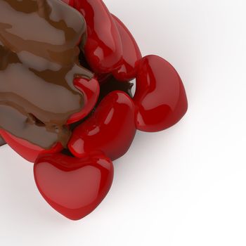 close up chocolate syrup leaking over heart shape symbol on white background