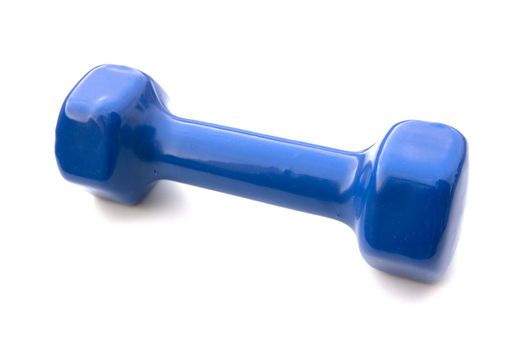 Blue Dumbell on white background. Exercising Equipment during lockdown and quarantine.