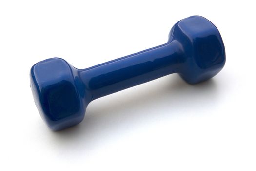 Blue Dumbell on white background. Exercising Equipment during lockdown and quarantine.