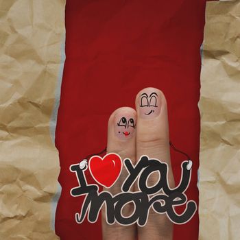 happy finger couple  on crumpled paper background as concept