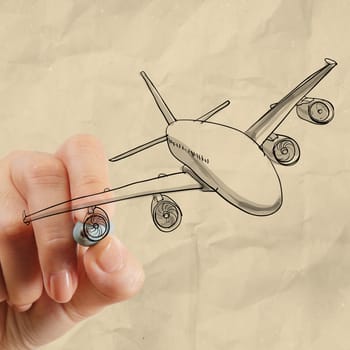 hand drawing airplane with crumpled paper background as concept