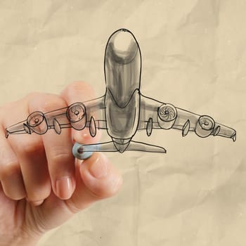 hand drawing airplane with crumpled paper background as concept