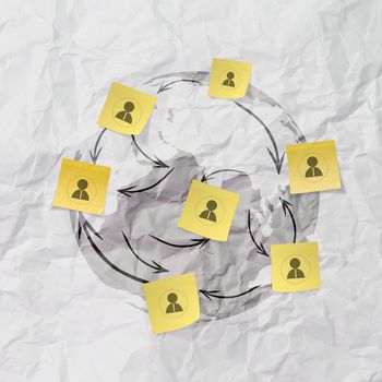hand pushing sticky note social network icon on crumpled paper background as concept