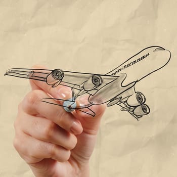 hand drawing airplane with crumpled paper background as concept