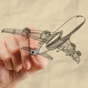 hand drawing airplane with crumpled paper background as concept