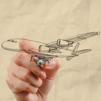 hand drawing airplane with crumpled paper background as concept