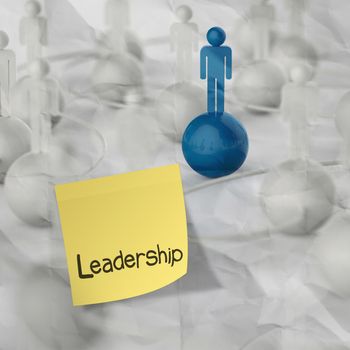 sticky note and leadership  3d  human social network  on crumpled paper background as concept